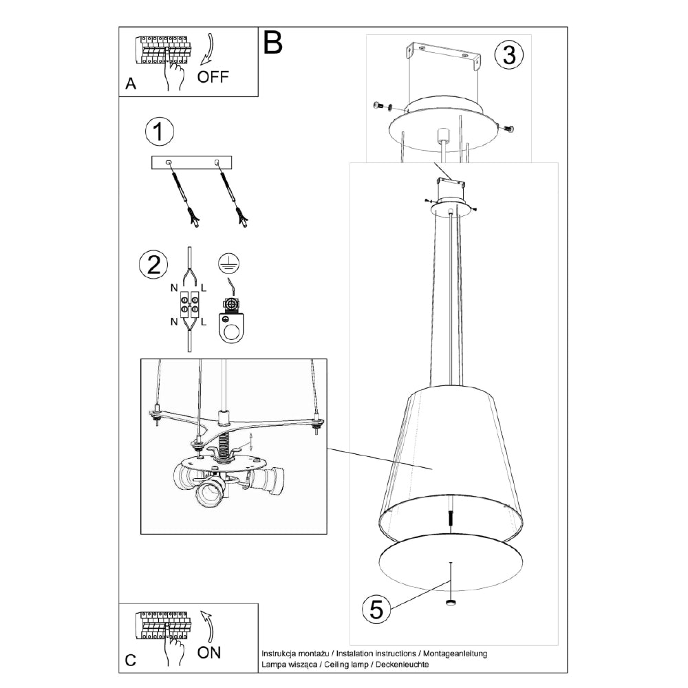 Kroonluchter Geneve Sollux Zwart Stof, Glas, Metaal Nnb