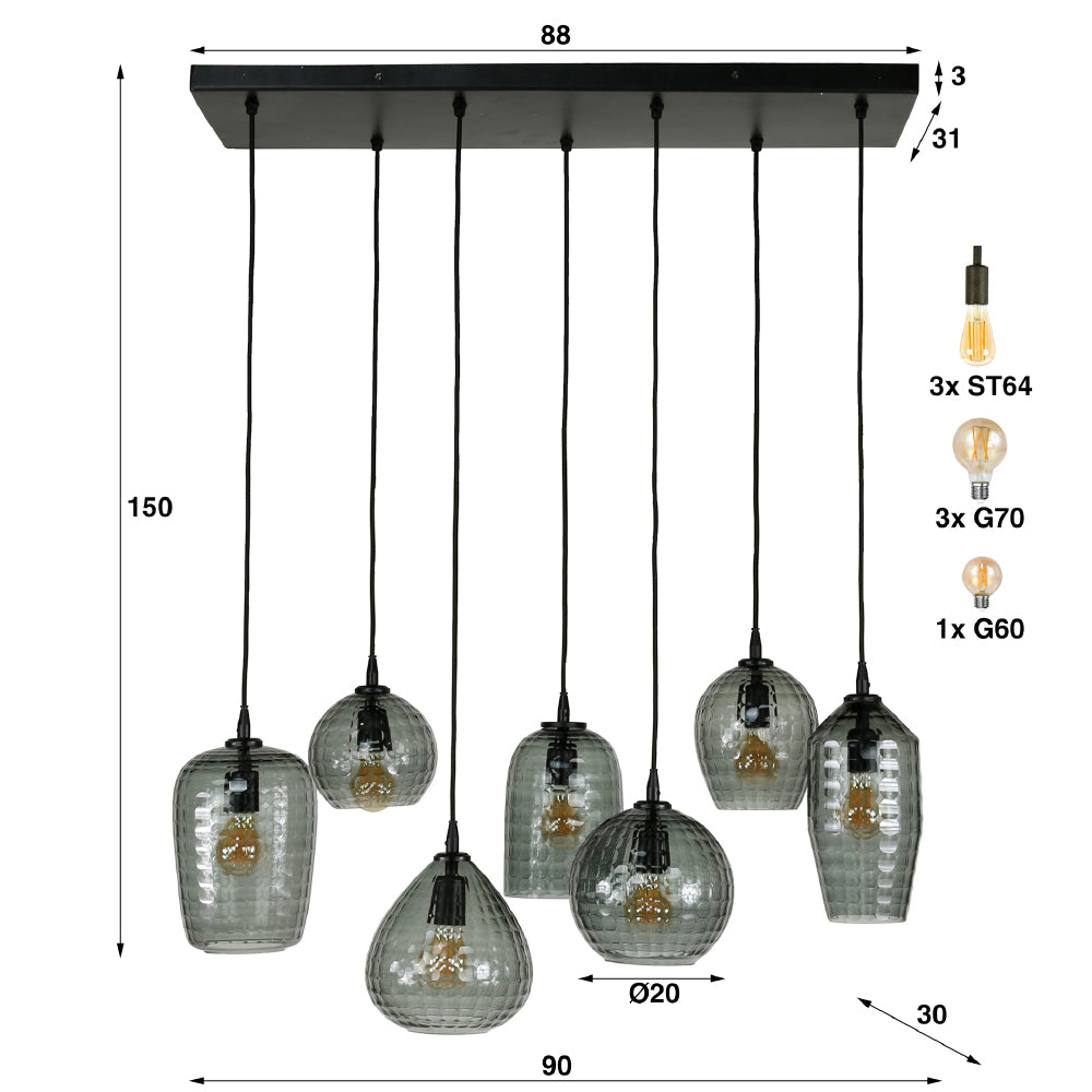 Hanglamp Miles chiQago Smoke grey glas LxBxH 124x38x18 Smoke grey glas Nnb