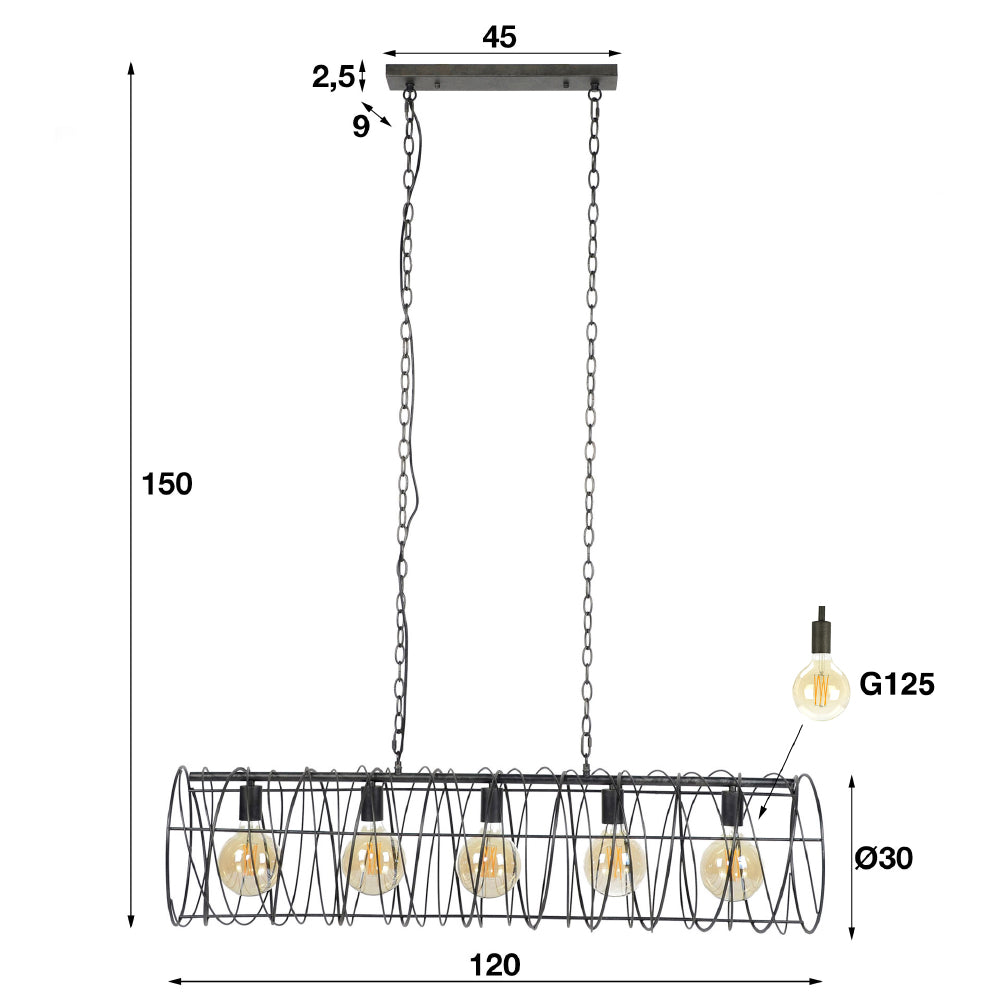 Hanglamp Kelley chiQago Charcoal LxBxH 125x37x37 Charcoal Nnb